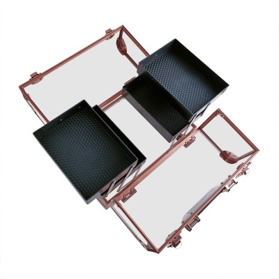 Mala transparente com estrutura metálica rosa dourado e bandejas pretas texturizadas