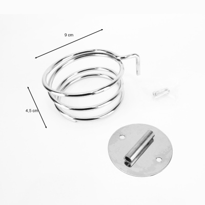 Suporte de mola metálico cromado com base e parafuso sobre fundo branco