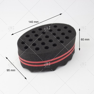 Esponja preta para cabelo com orifícios e linhas vermelhas em fundo branco