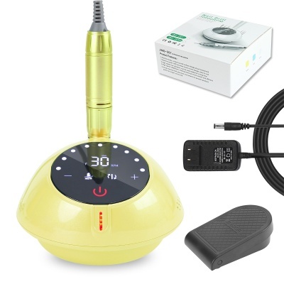 Máquina de micropigmentação amarela com display digital, cabo, pedal e caixa