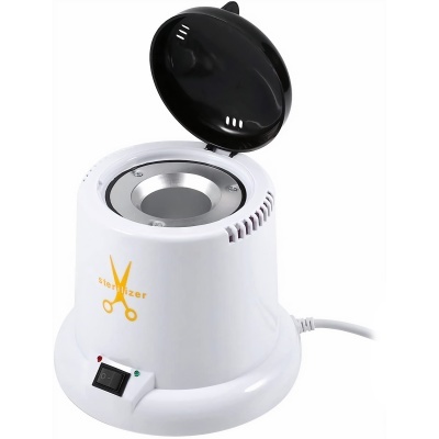 Esterilizador elétrico branco com tampa preta aberta e botão de ligar