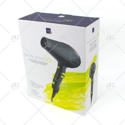 Embalagem branca de secador de cabelo preto PHON ZERO HD com detalhes amarelos