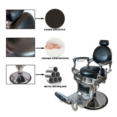 Cadeira de barbeiro preta em couro sintético e metal cromado
