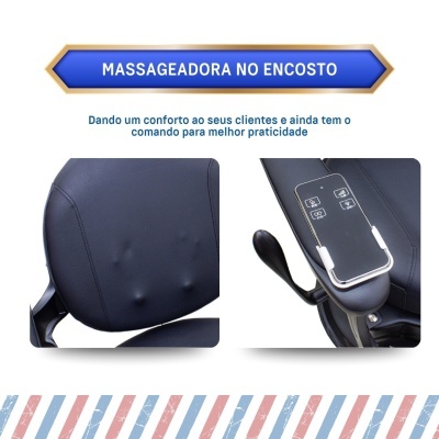 Encosto de cadeira de escritório preto com massageador e controlo remoto no apoio de braço