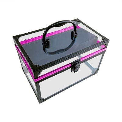 Mala organizadora transparente com armação preta e detalhes cor-de-rosa