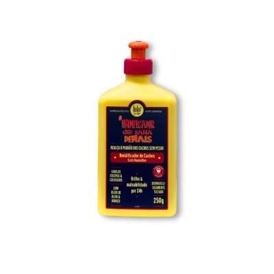 Frasco amarelo com rótulo azul escuro e tampa laranja e rosa, produto umidificador de cachos