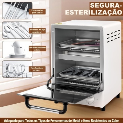 Esterilizador branco aberto com ferramentas e utensílios em prateleiras metálicas