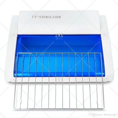 Esterilizador UV branco com tampa azul translúcida e grelha metálica