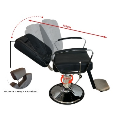 Cadeira de barbeiro preta com apoio ajustável e base metálica