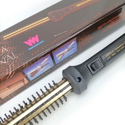 Escova elétrica profissional para cabelo preta com detalhes dourados e embalagem preta com texto