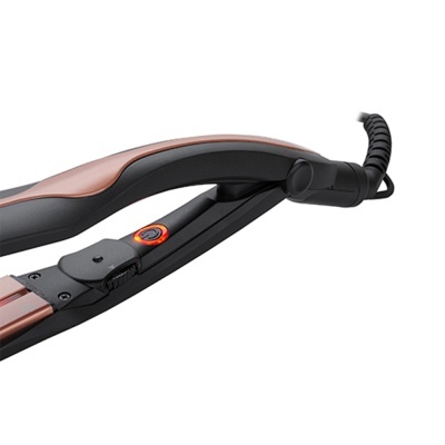 Alisador de cabelo preto com detalhes castanhos e botão laranja