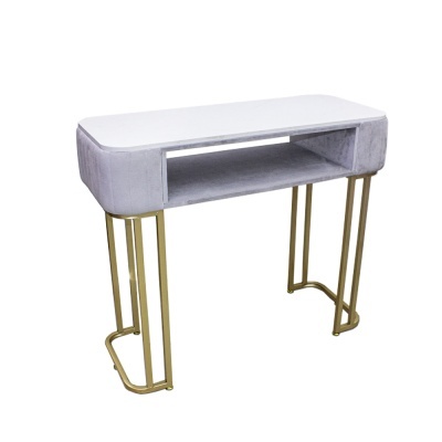 Mesa de apoio em branco, cinza e dourado com espaço de arrumação