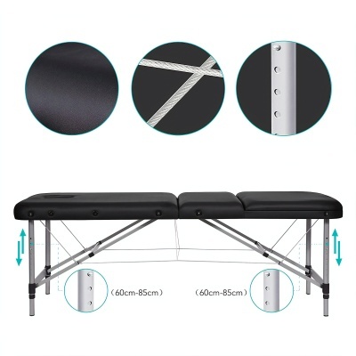 Maca de massagem portátil preta com estrutura metálica cinza e altura ajustável.