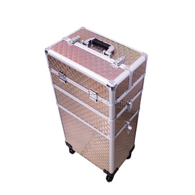 Mala de cosméticos prateada com três compartimentos e rodas