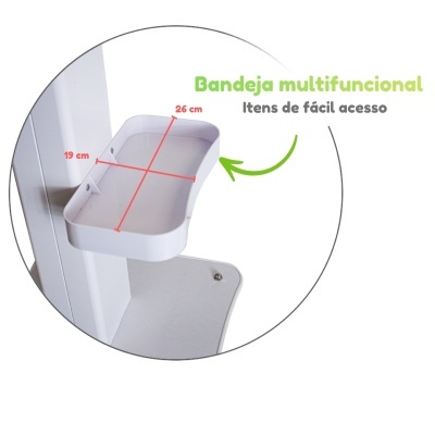 Bandeja multifuncional branca em plástico com medidas, sobre fundo branco