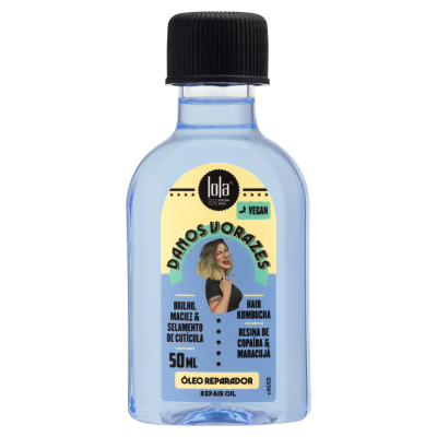 Frasco de óleo reparador com etiqueta colorida e tampa preta