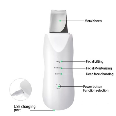 Dispositivo de cuidados faciais branco com folhas metálicas e botão de função