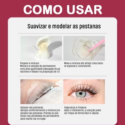 Imagem com instruções em português para suavizar e modelar as pestanas usando mistura de solução de permanente e pó nutritivo.