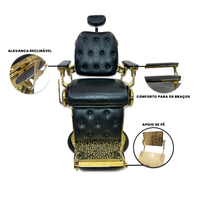 Cadeira de barbeiro preta com detalhes dourados e texto explicativo