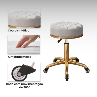 Cadeira giratória redonda com estofos brancos e base dourada