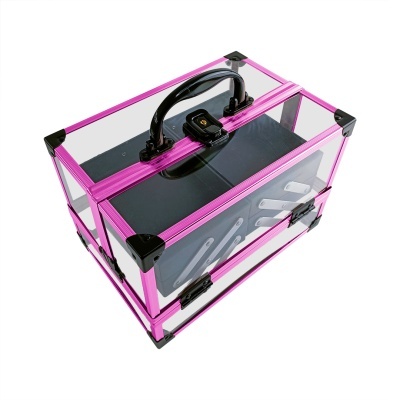 Mala organizadora transparente com estrutura rosa e detalhes pretos