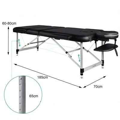 Mesa de massagem portátil preta ajustável com apoio de cabeça e braços