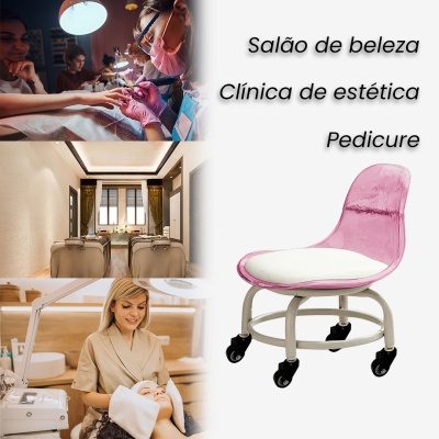 Colagem de imagens de salão de beleza e clínica de estética com cadeira de pedicure rosa