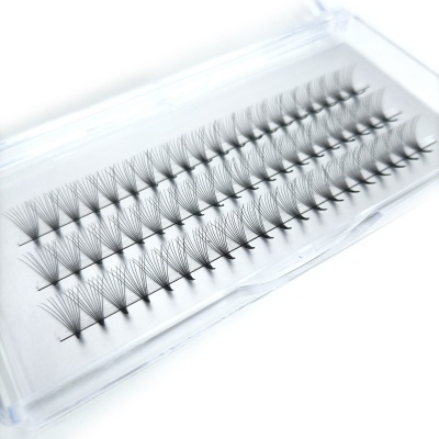 Extensões de pestanas pretas organizadas em filas dentro de caixa transparente