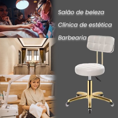 Collage com atendimento em salão de beleza, clínica de estética e banco giratório branco com base dourada