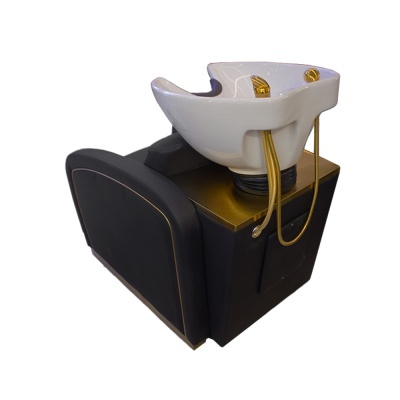 Móvel para lavagem de cabelo preto com bacia branca e detalhes dourados