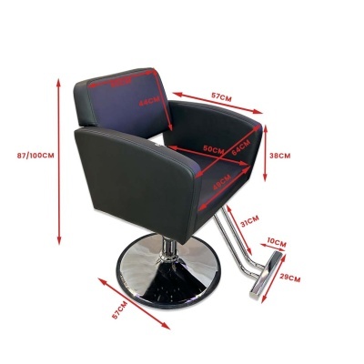 cadeira de cabeleireiro preta com base cromada e medidas em vermelho