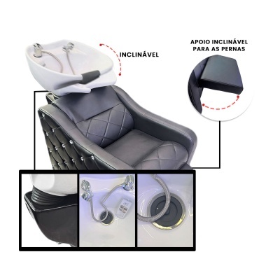Cadeira de cabeleireiro preta com cuba branca inclinável e apoio para pernas