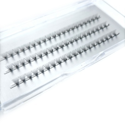 Extensões de pestanas pretas em leques dentro de caixa transparente
