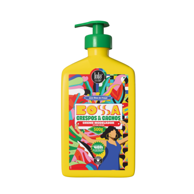 Frasco amarelo com doseador verde e rótulo colorido de creme modelador Bossa Crespos & Cachos