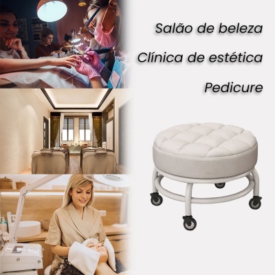 Colagem de fotos de serviços de beleza e estética com texto descritivo e banco redondo branco com rodas.