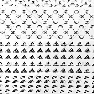 Tecido com padrão repetido dos logotipos CHANEL, GUCCI, ADIDAS e NIKE em faixas horizontais