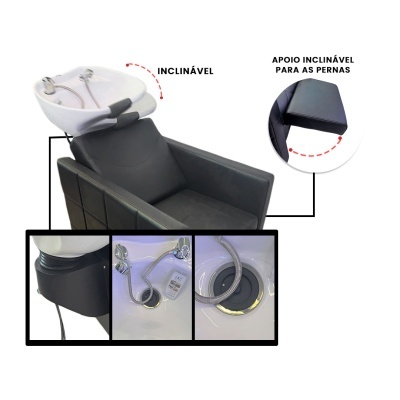 Cadeira de lavatório preta com lavatório branco inclinável e apoio para pernas