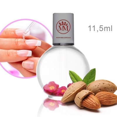 Frasco de óleo para cutículas com amêndoas e flores, unhas a receber aplicação