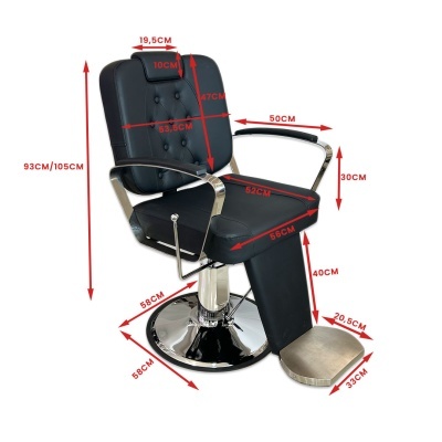 Cadeira de barbearia preta com braços e base em metal cromado e apoio para pés