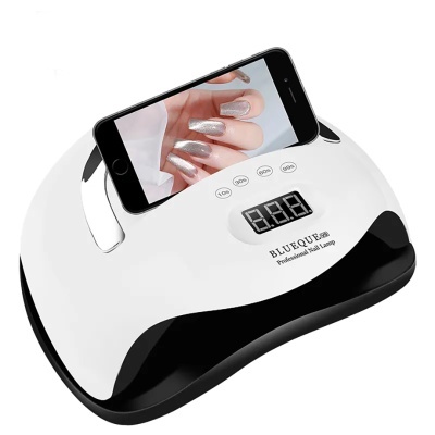 Lâmpada UV/LED para unhas branca e preta com visor digital e suporte para telemóvel com imagem de unhas prateadas