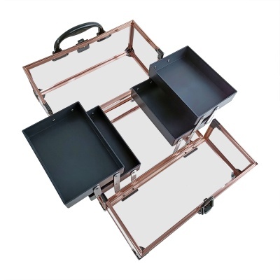 Maleta organizadora metálica bronze com bandejas pretas extensíveis aberta