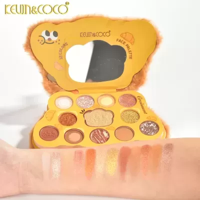 Paleta de maquilhagem KEVIN&COCO com 12 cores, espelho, embalagem amarela com pelo
