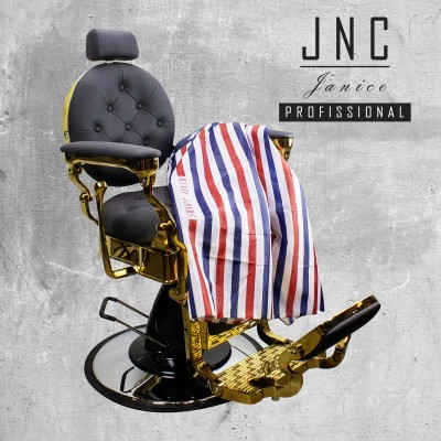 Cadeira de barbeiro profissional JNC Janice com capa listrada azul, branca e vermelha