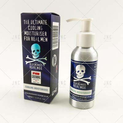 Loção hidratante refrescante Bluebeards Revenge para homens, frasco de alumínio com doseador e embalagem azul e preta com caveira