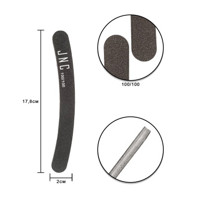 Lima de unha curva preta com texto JNC 100/100 e medidas indicadas