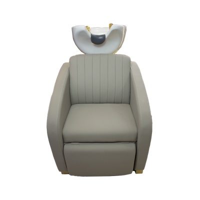 Cadeira de lavagem de cabelo cinza com cuba branca e apoio almofadado preto