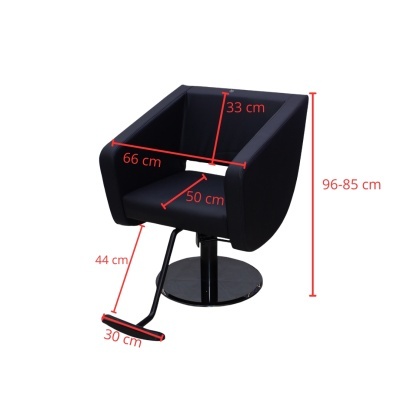 Cadeira de salão preta com apoio para pé e medidas em vermelho