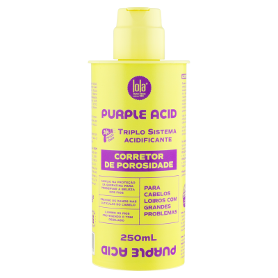 Frasco amarelo de produto para cabelo com rótulo roxo e amarelo, texto em português.