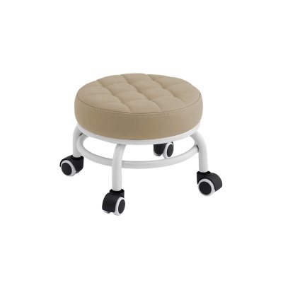 Banco de rodízios com assento redondo estofado bege e base metálica branca