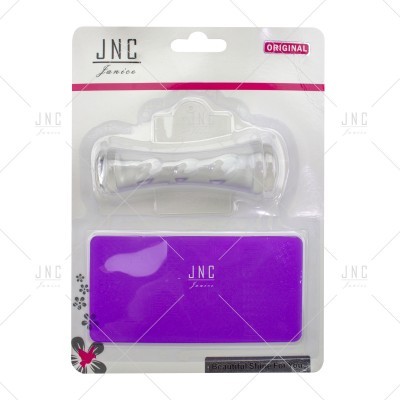 Kit manicure JNC com ferramenta clara e lixa roxa em embalagem branca e rosa